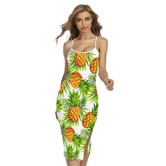 White Tropical Pineapple Pattern Print Cross Back Cami Dress