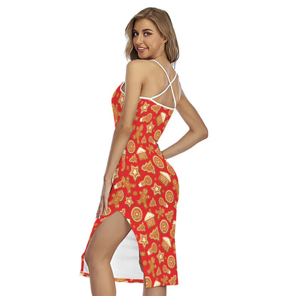 Xmas Gingerbread Pattern Print Cross Back Cami Dress