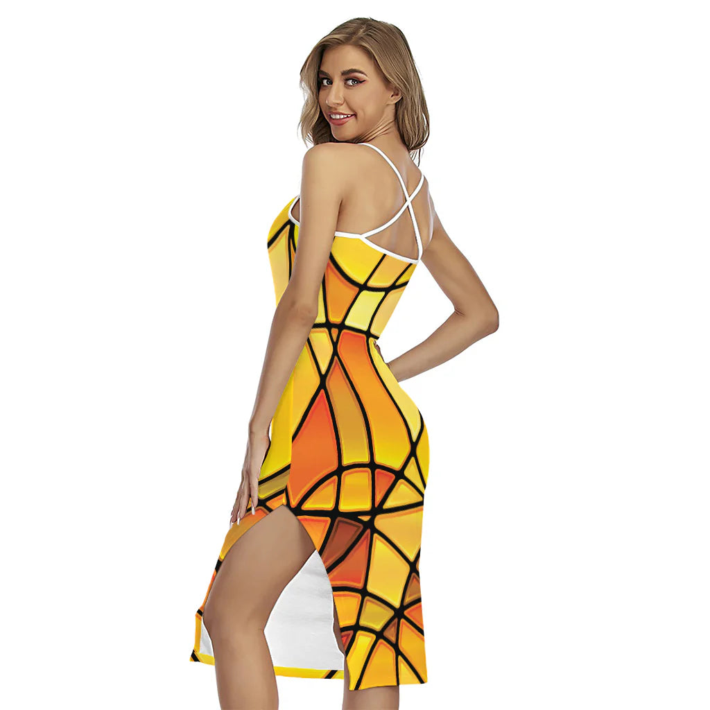 Yellow Stained Glass Mosaic Print Cross Back Cami Dress