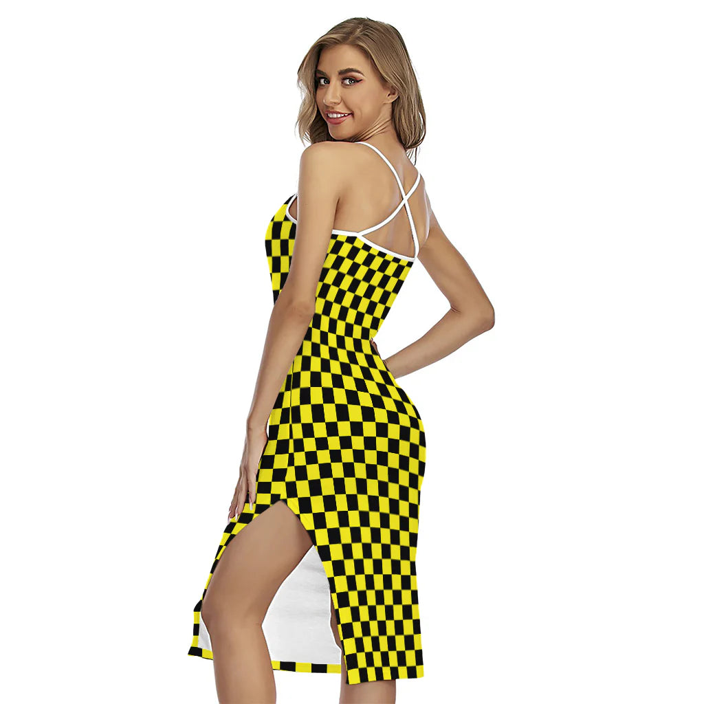 Yellow And Black Checkered Pattern Print Cross Back Cami Dress