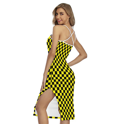 Yellow And Black Checkered Pattern Print Cross Back Cami Dress
