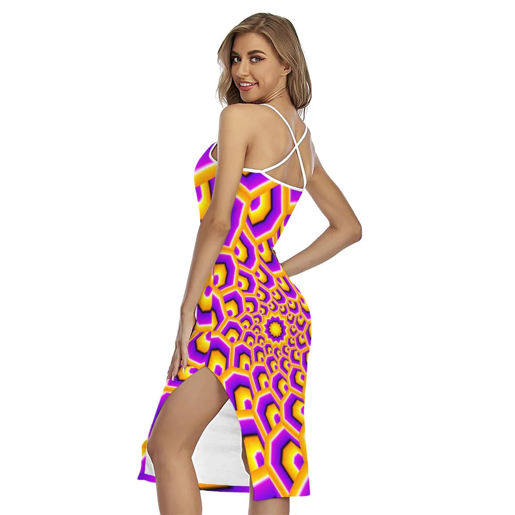 Yellow Hive Moving Optical Illusion Cross Back Cami Dress