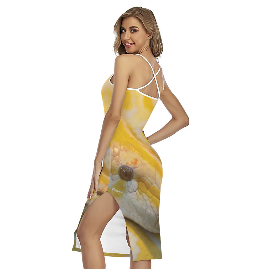 Yellow And White Python Snake Print Cross Back Cami Dress