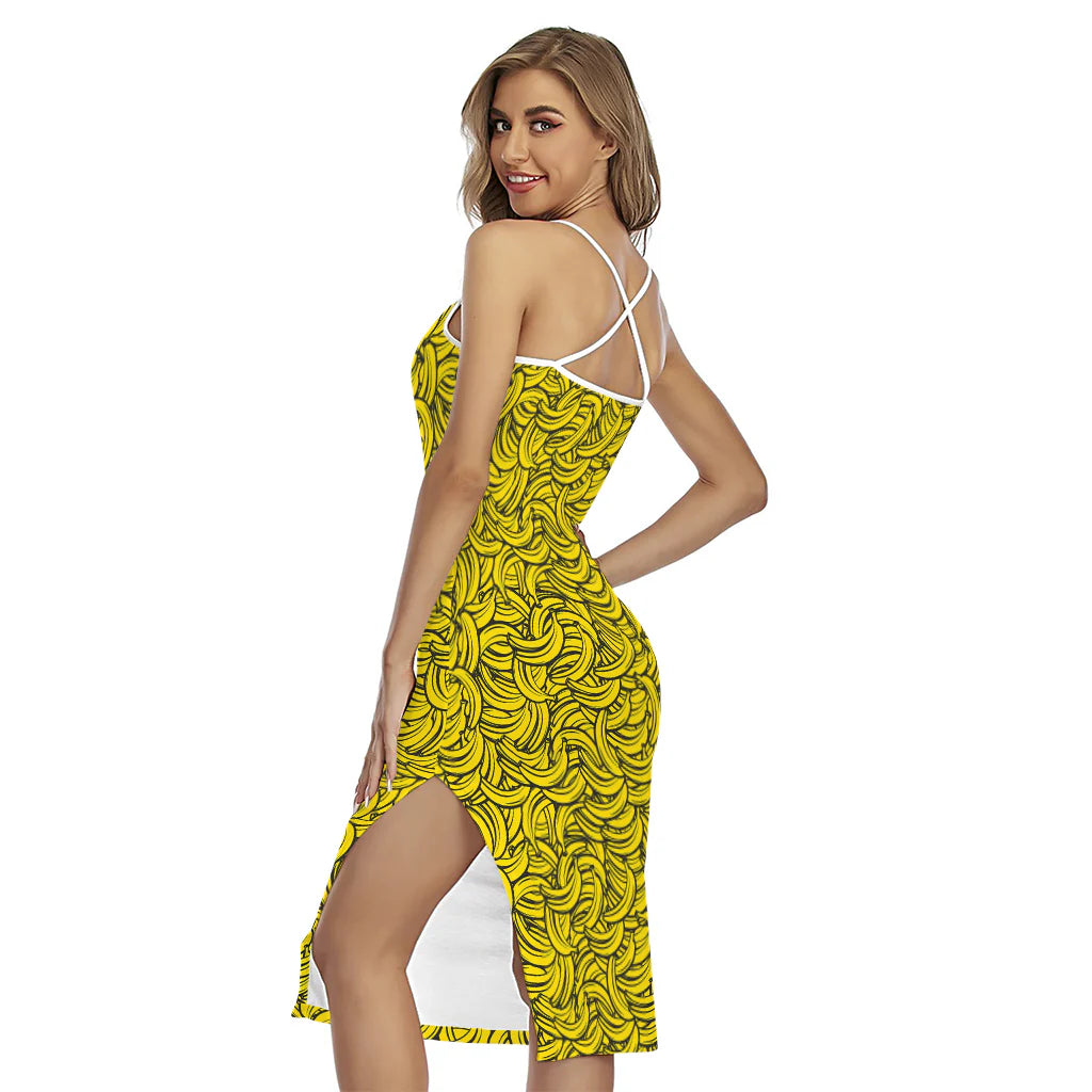 Yellow Banana Pattern Print Cross Back Cami Dress